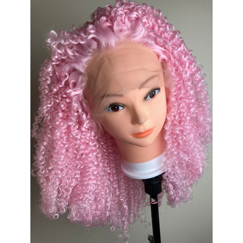 Short Bob Kinky Curly Pink Wig Afro Kinky Curly Lace Front Wig