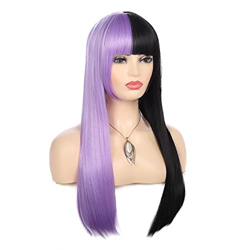 Long Straight with Bangs Half Black Half Purple Wig Sheer Beaut