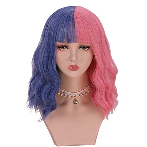 Short Bob Half Pink Half Blue Wigs For Women DragQueen Sheer