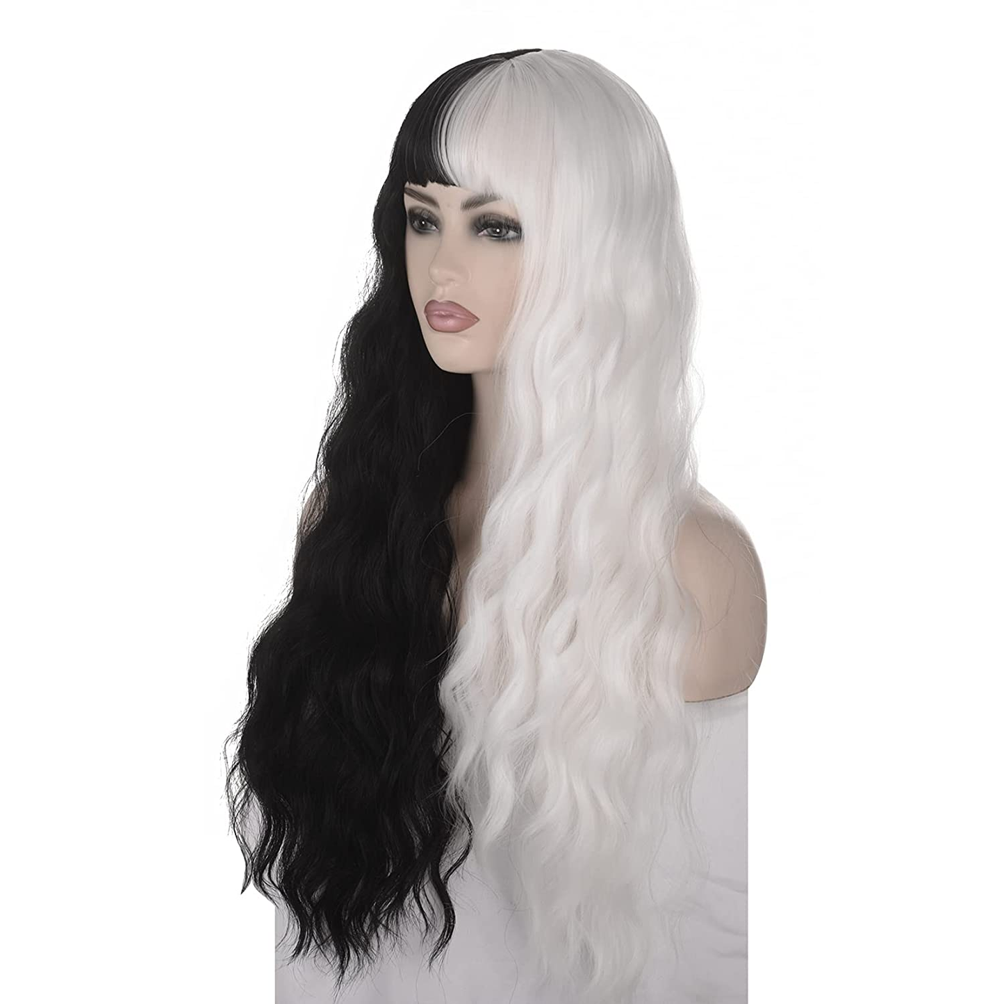 Split Dye White and Black LONG Wavy Full Wig With Bang