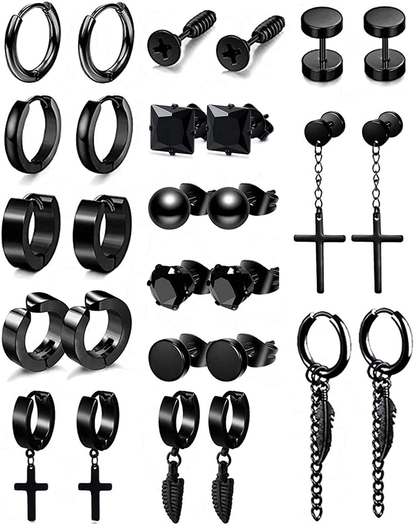 14 pairs Punk Black Hoop Dangle Stud Earrings
