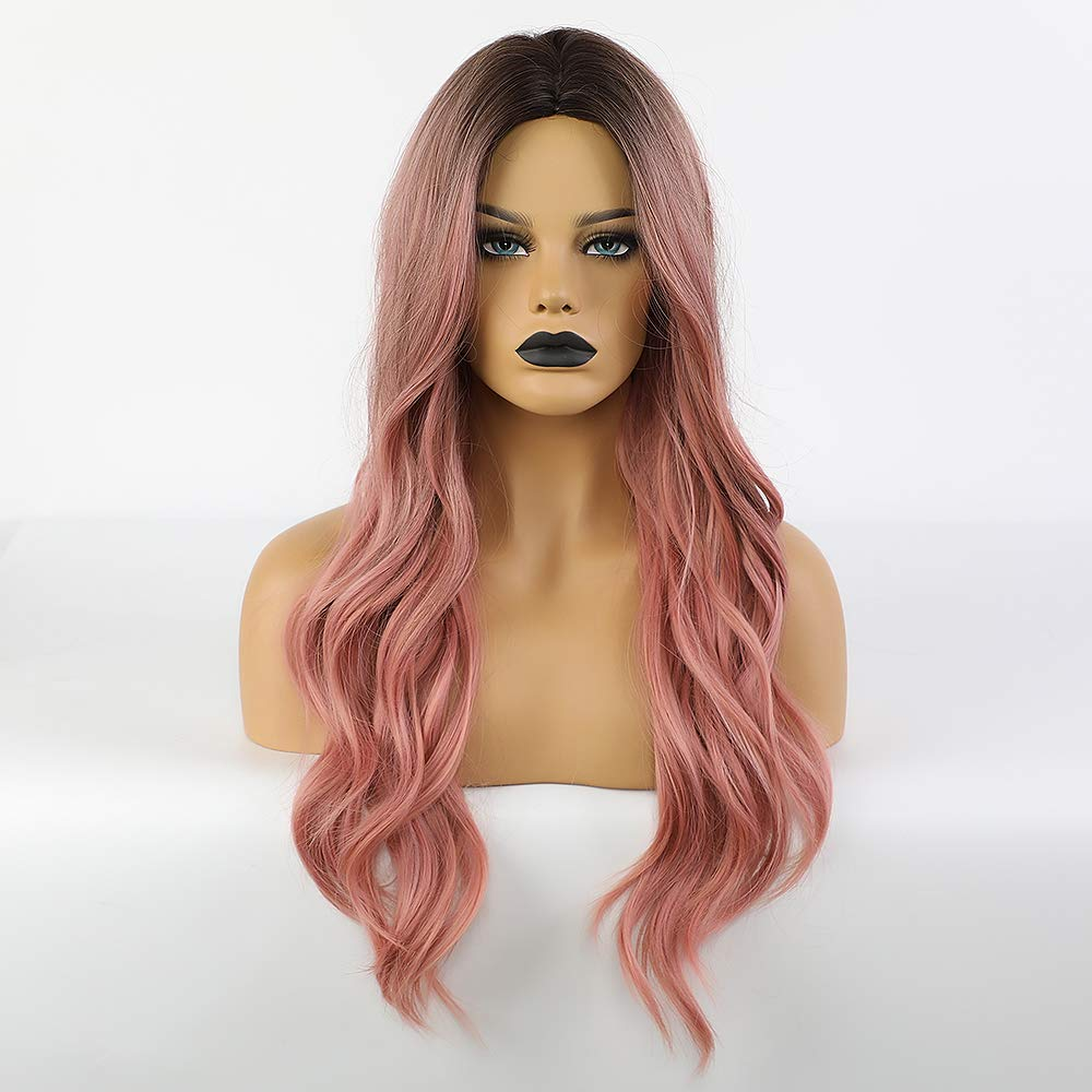 Ombre Black to Pink Wig Synthetic Wigs for Women Long Natural Wave Heat  Resistant Hair Wigs Natural Looking (Ombre Black to Pink)