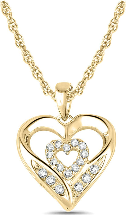 10K Yellow  Gold Diamond Heart Necklace For Women