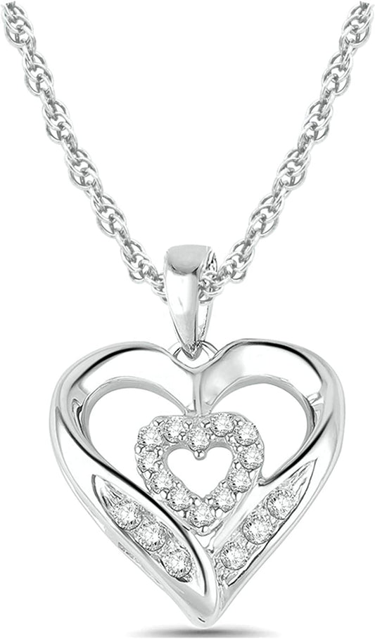 10K Yellow, Rose or White Gold Diamond Heart Necklace For Women