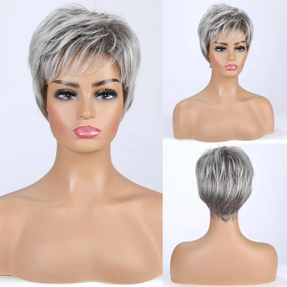 Short Pixie Cute Ombre Gray Human Hair Blend Wigs – Sheer Beauté & Jewelry