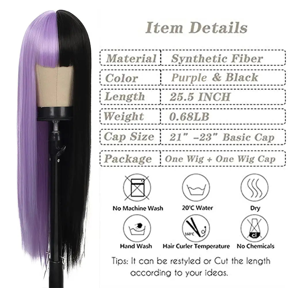 Split Dye Half Purple Half Black Hair Wig With Bangs