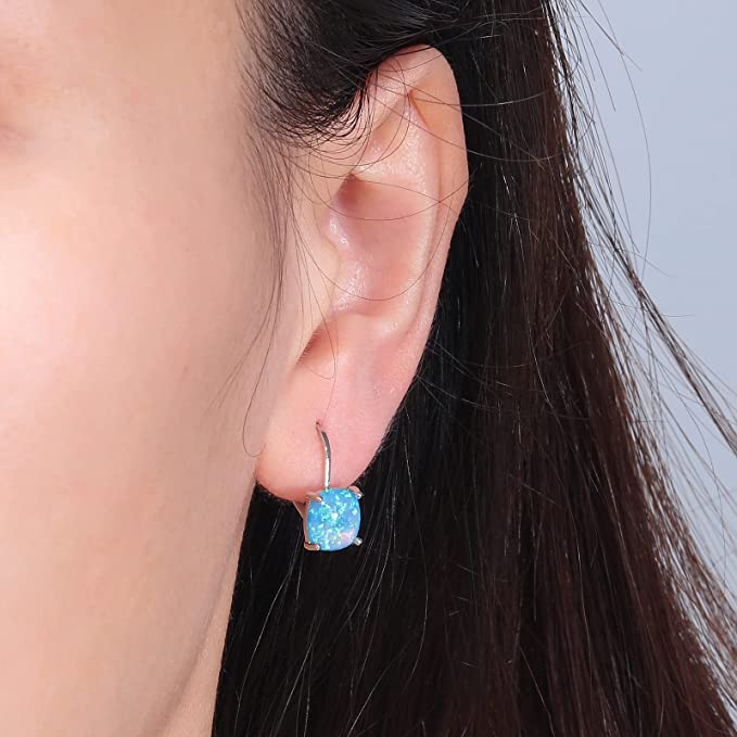 Square Opal Hoops Hanging Lever Earrings