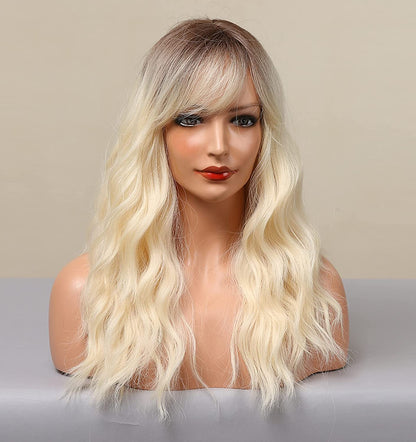 Ombre Platinum Blonde Curly Wigs With Curtain Bangs