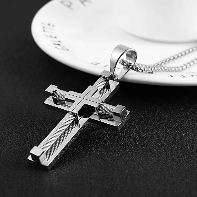 Silver Stainless Steel Men's Cross Necklace