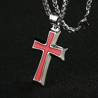 Silver & Red-Men's Stainless Steel Cross Pendant Necklace