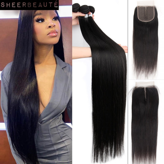 36 38 40 inch Long Straight Remy Human Hair Bundles With Closure