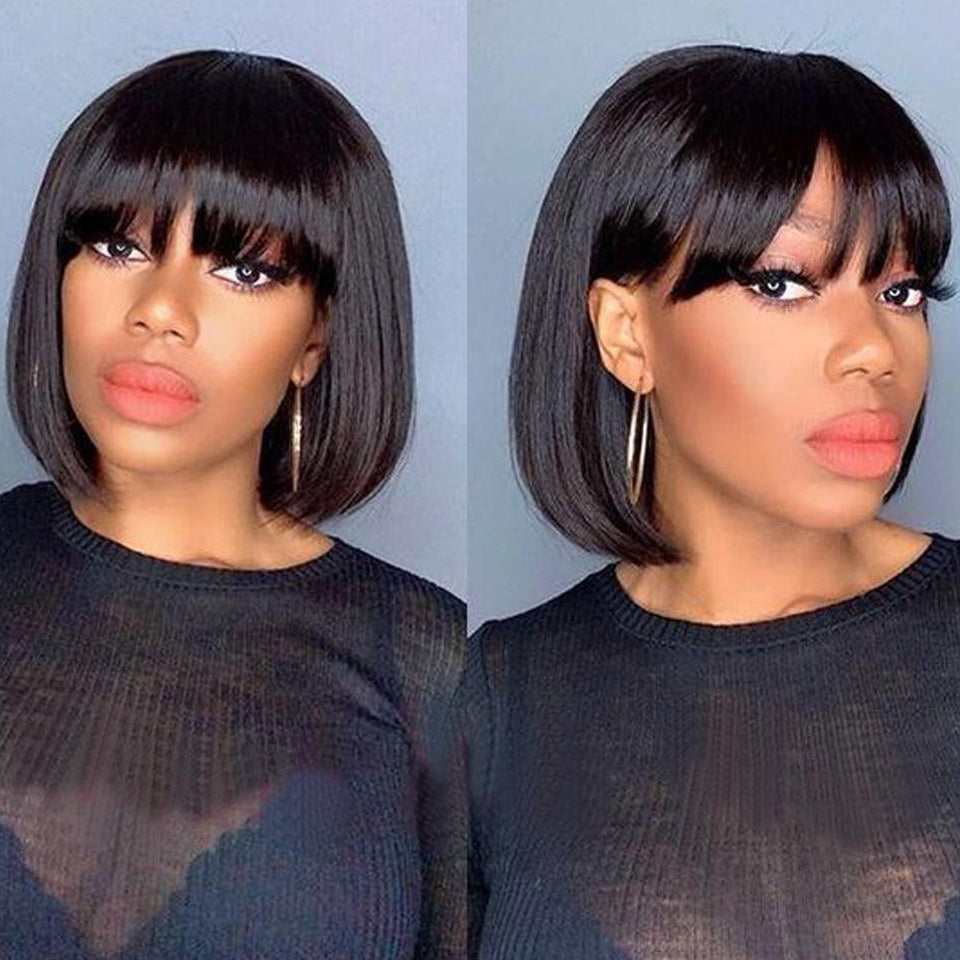 Natural Black Brazilian Straight Bob Human hair Wigs With Bangs