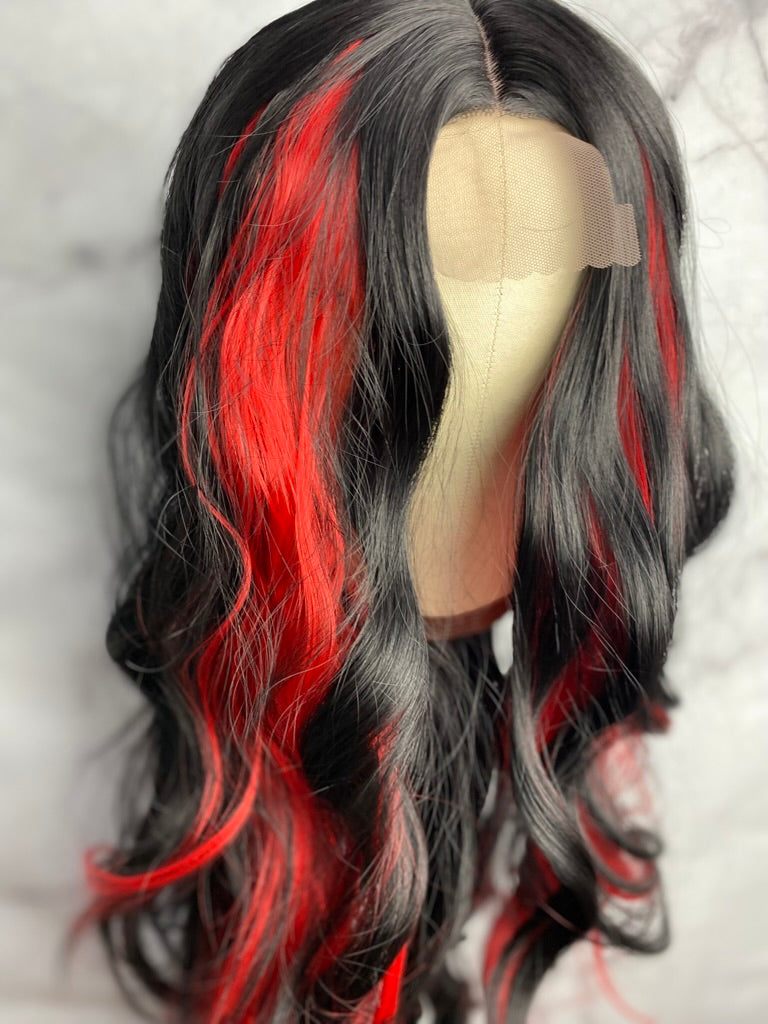 black women and white women wigs,hair wig,lace front wig,red wig ,black wig red streaks ,red highlight b=wig,black highlight wig