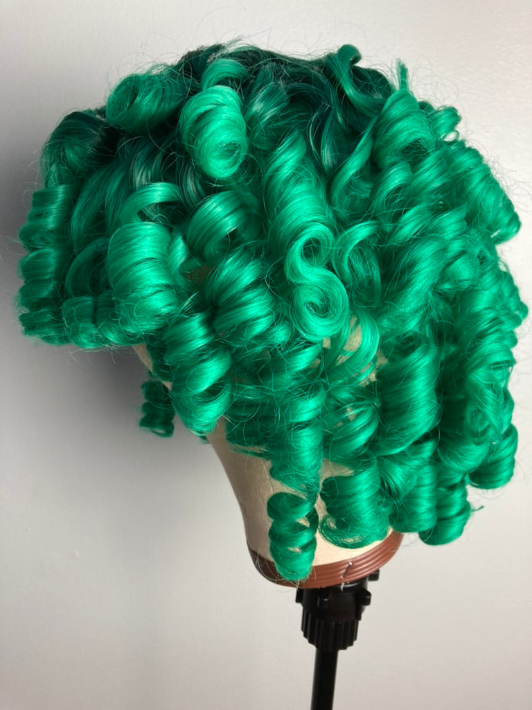 Black Rooted Green Afro Curly Wig With Bangs