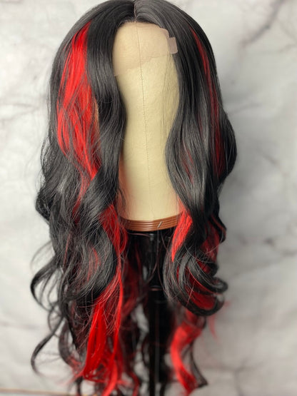 Long Body Wave Wig with Side Part Synthetic lace wig Red Highlights Hairstyles  Body Wave Lace Front Wig Highlights Wig Highlight Lace Front Wig