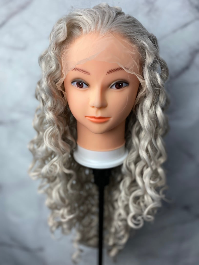 Light Grey Lace Front Wigs Loose Curly Gray Synthetic Hair Wig for Women Cosplay Party Halloween Bounce Fluffy Hair