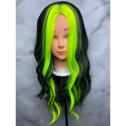 Black and Neon Green Wig,Curly Wavy Wig
