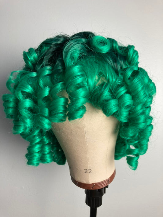 Black Rooted Green Afro Curly Wig With Bangs