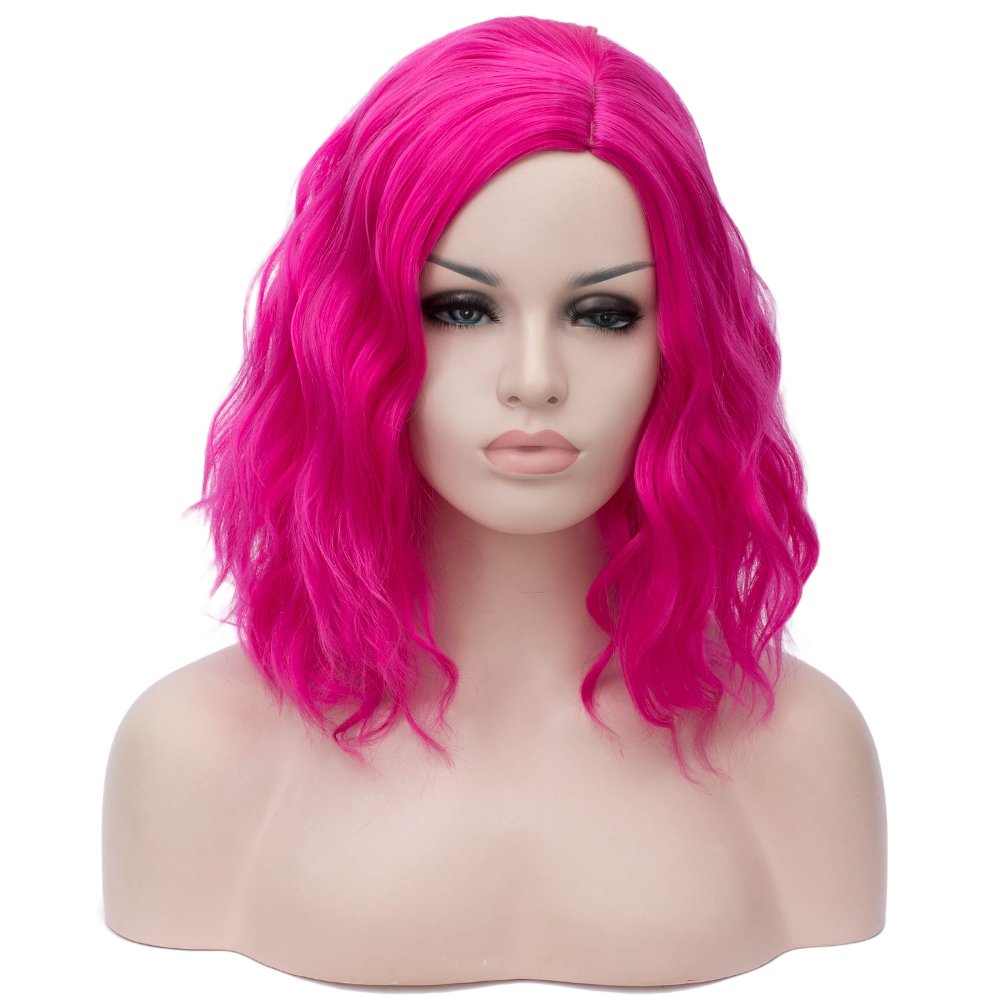 bright pink wig hot pink wig wavy bob wig HAIR Synthetic Curly Bob Wig with Bangs Short Bob Wavy Hair Wigs Wine Red Color Wigs for Women Bob Style Synthetic Heat Resistant Bob Wigs.