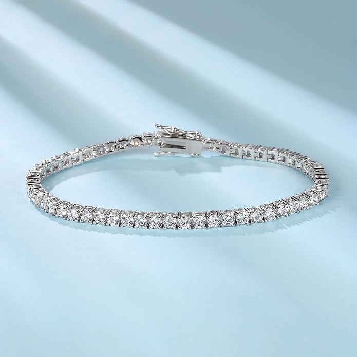 Women's Tennis Bracelet with 3MM Cubic Zirconia, White/Yellow Gold Plated, 4-Prong Setting, Adjustable Size 6.5-8.5 Inch