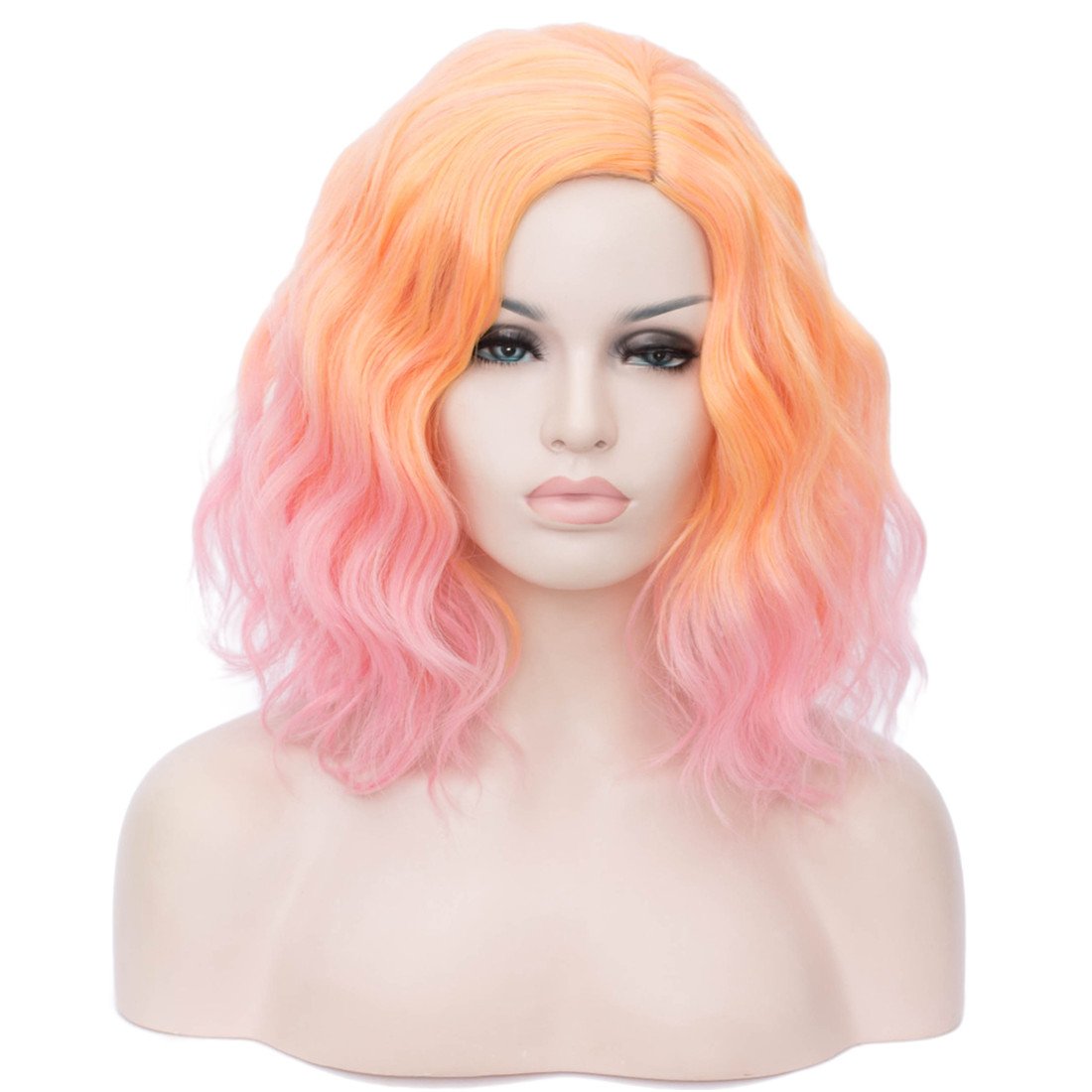 pink wig orange wig HAIR Synthetic Curly Bob Wig with Bangs Short Bob Wavy Hair Wigs Wine Red Color Wigs for Women Bob Style Synthetic Heat Resistant Bob Wigs.