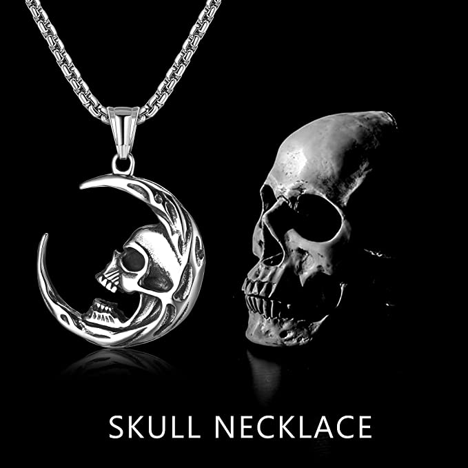 Skull Necklace Moon Pendant Gothic Jewelry Silver Punk Crescent Biker Men Stainless Steel Women Chain Moth 24 Raven 925 Sterling