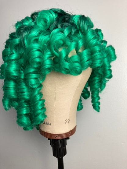 Black Rooted Green Afro Curly Wig With Bangs