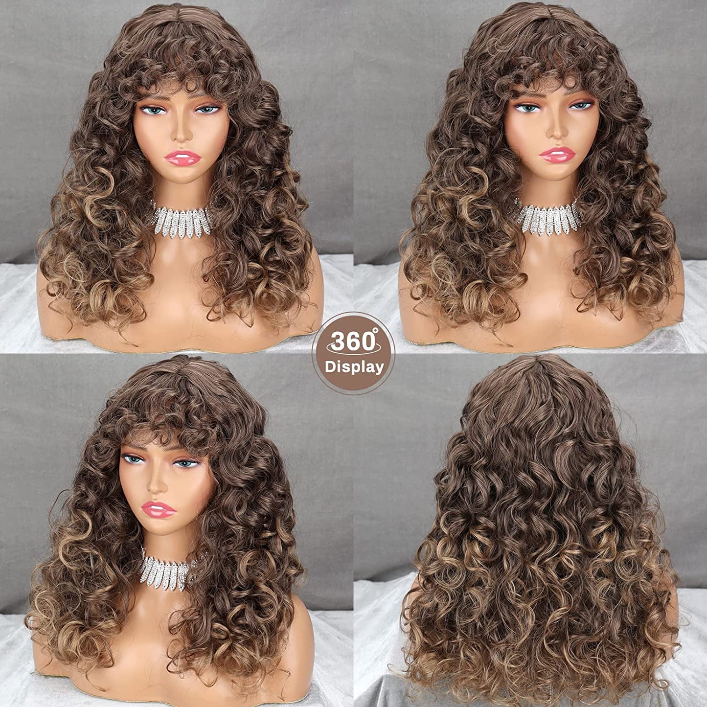 Long Curly Afro Wigs for Black Women, Fluffy Wavy Brown Afro Wig with Bangs, Afro Kinky Curly Big