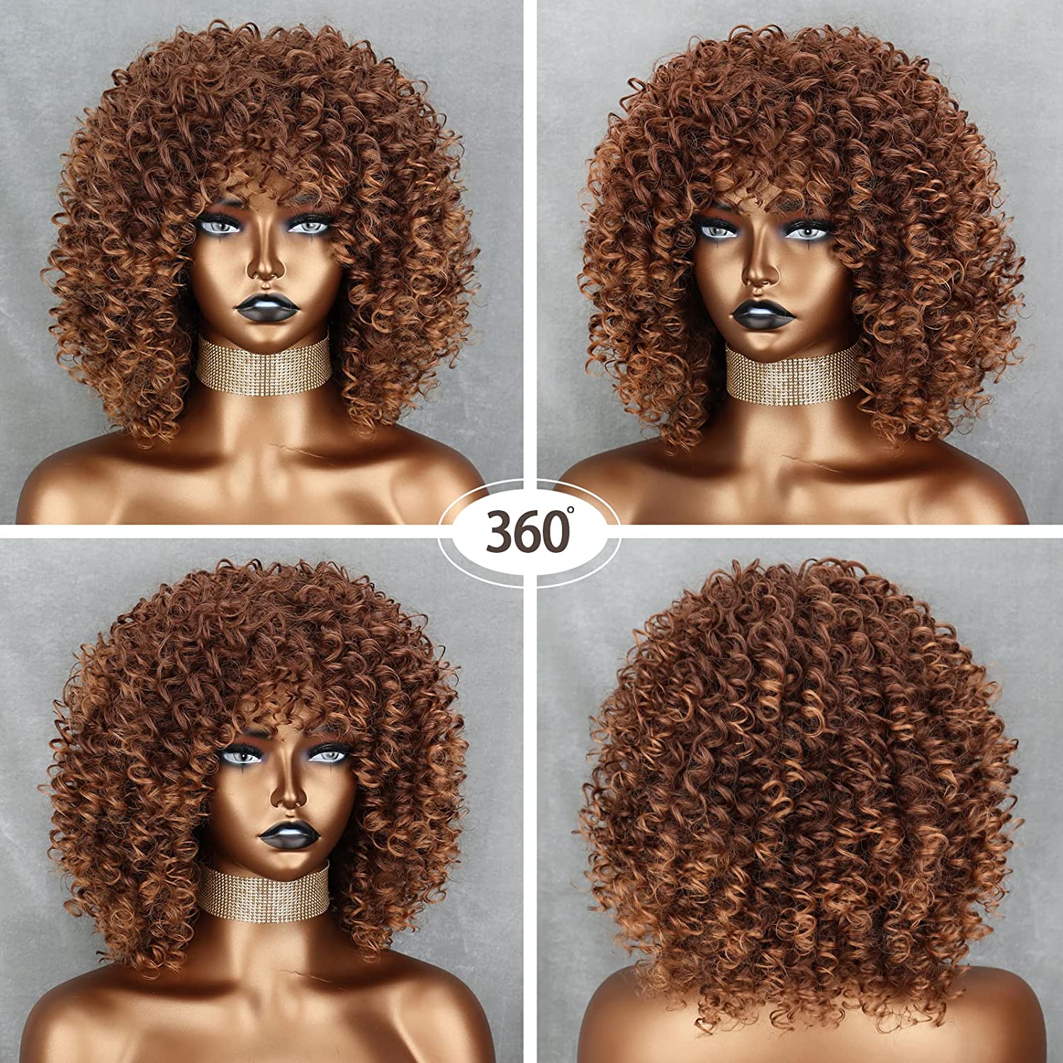 Brown Curly Afro Wig for Black Women,Short Kinky Curly Wig with Bangs,Synthetic Afro Full Hair Wig 14inch(Light Brown)