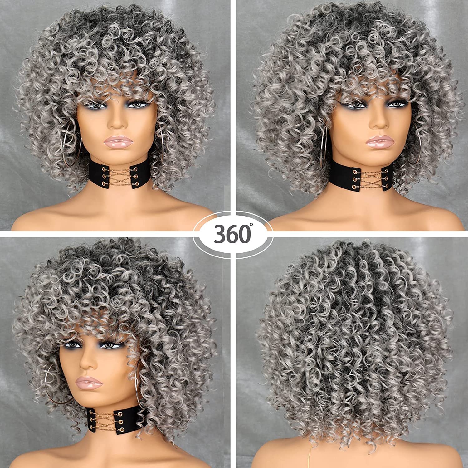 Curly Afro Grey Wigs for Black Women, Short Grey Curly Afro Wig with Bangs, Synthetic Omber Gray Curly Full Wig 14 inch