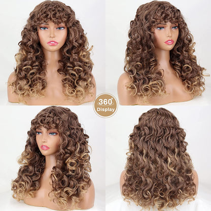 Brown Afro Wigs for Black Women, Brown Wavy Curly Wig with Bangs, Afro Curly Big Bouncy Wig