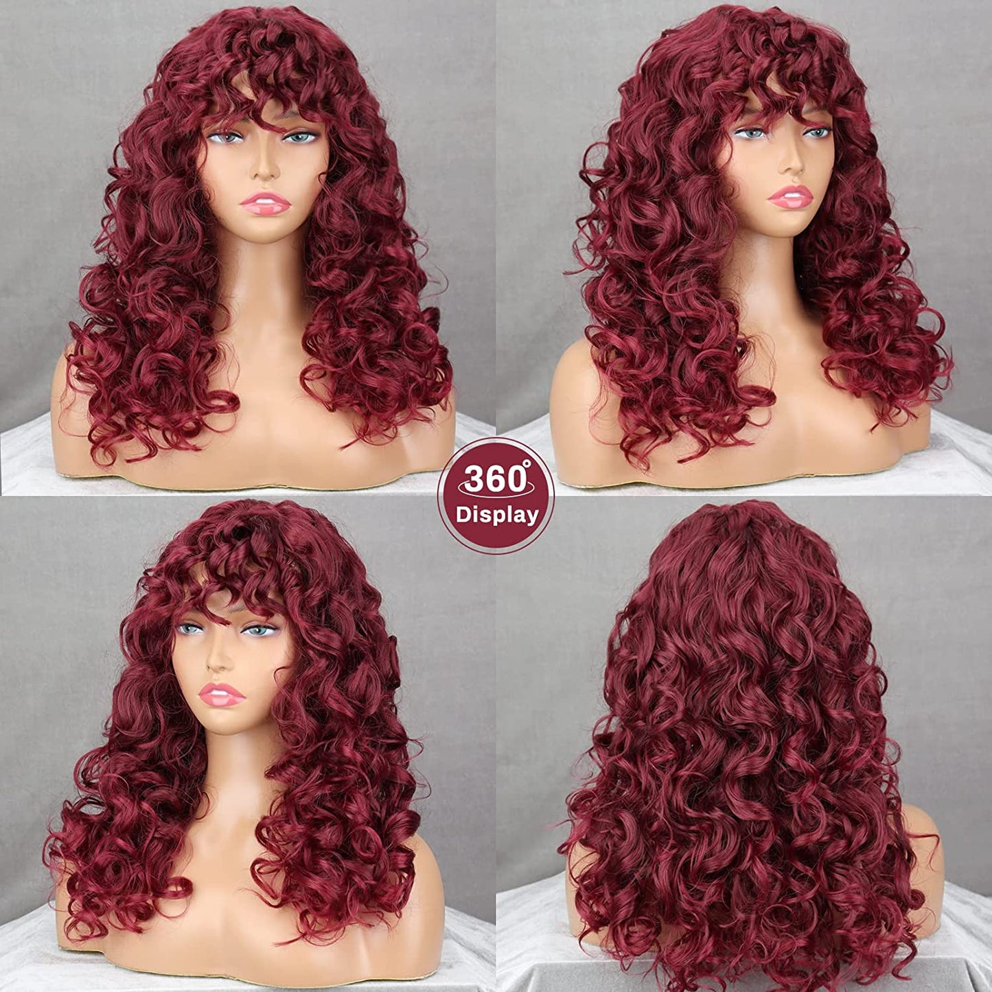 Long Red Curly Afro Wigs for Black Women, Fluffy Wavy Wine Wig with Bangs, Afro Kinky Curly Big Bouncy Wig