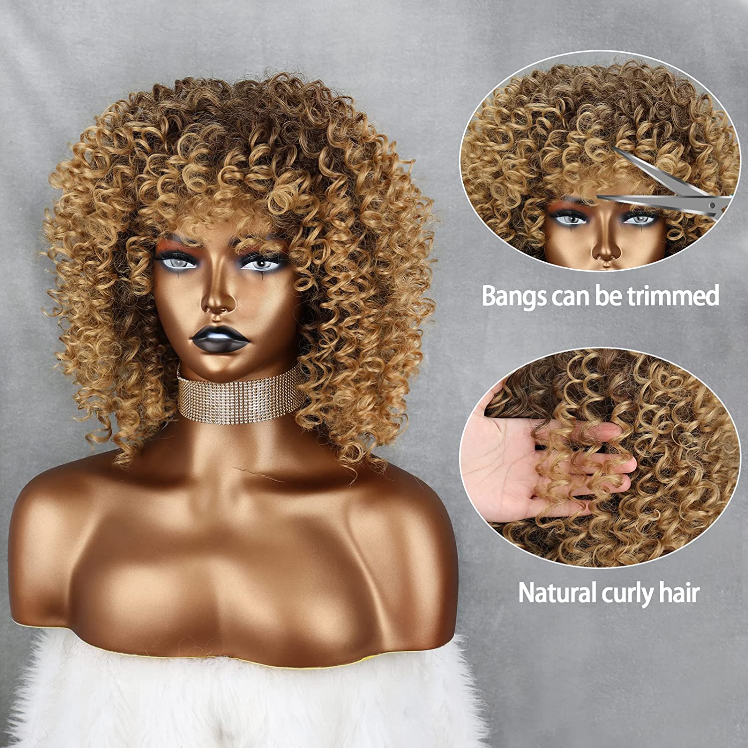 Blonde Curly Wigs 70s, Kinky Brown Mixd Blonde Afro Wigs for Black Women, Synthetic Afro Curly Blonde Wigs for Women (Brown to Blonde)