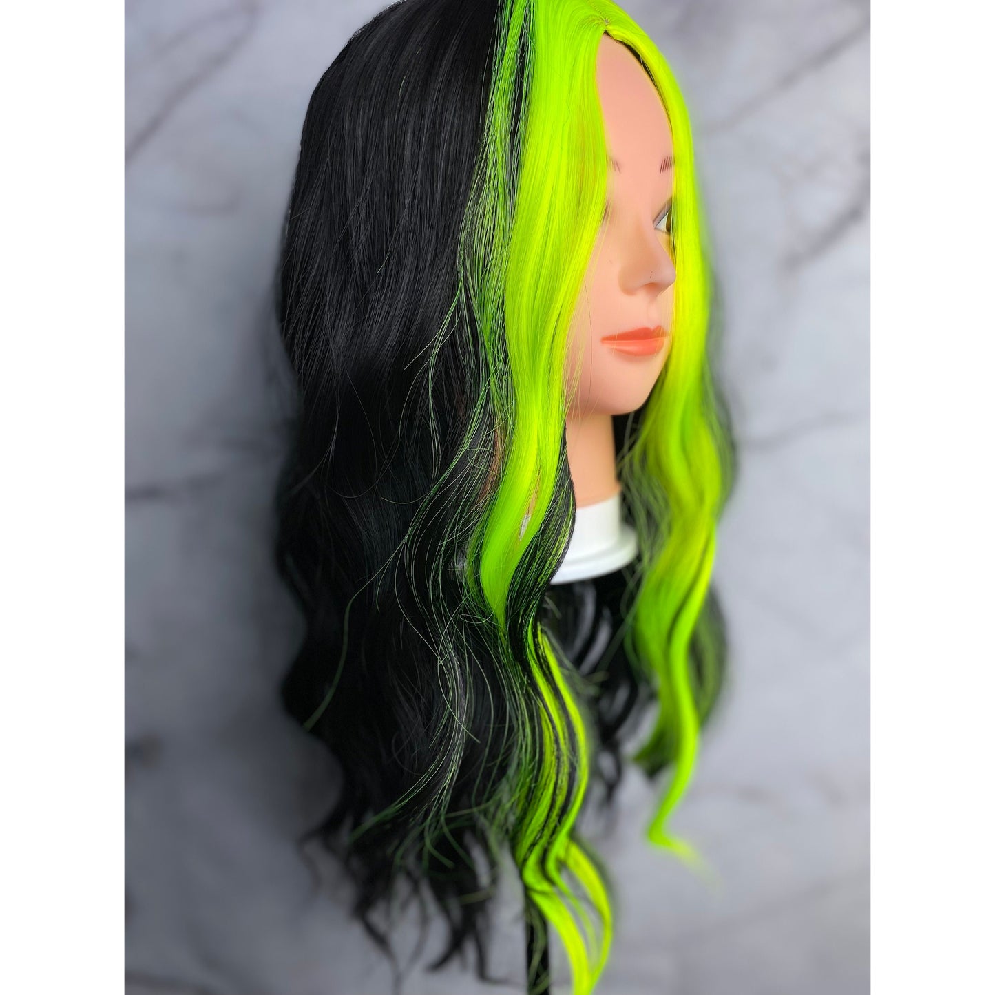 Black and Neon Green Wig,Curly Wavy Wig