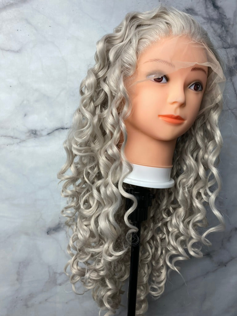 Light Grey Lace Front Wigs Loose Curly Gray Synthetic Hair Wig for Women Cosplay Party Halloween Bounce Fluffy Hair