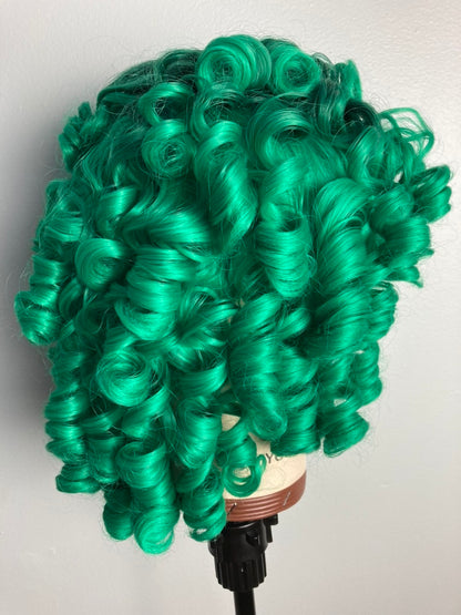 Black Rooted Green Afro Curly Wig With Bangs