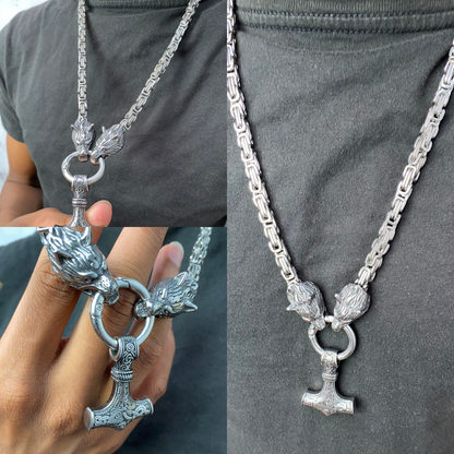 Thor Hammer With Wolf Head  Stainless Steel Necklace