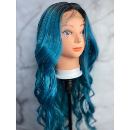 Teal Blue Wigs,Cosplay Wig,Blue Wig With Black Roots,Blue and Black Hair Wig,Costume Wig