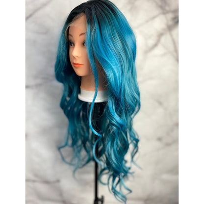 Teal Blue Wigs,Cosplay Wig,Blue Wig With Black Roots,Blue and Black Hair Wig,Costume Wig