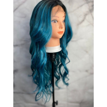 Teal Blue Wigs,Cosplay Wig,Blue Wig With Black Roots,Blue and Black Hair Wig,Costume Wig