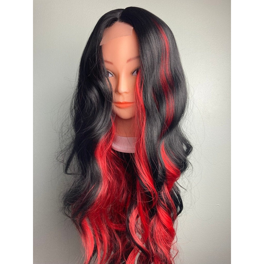 ,Side Part Lace Wig,Black Highlights Red Long Wavy Wig,Cosplay Red And Black Wig,Black Wig Red Streaks
