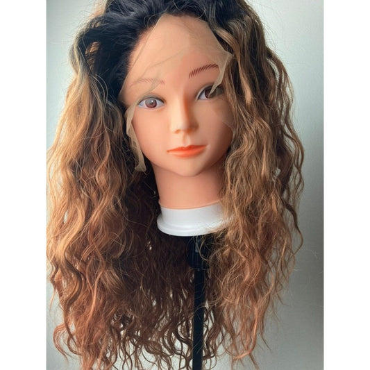 Honey Blonde With Black Roots| Lace Front Wig with Dark Root Kinky Wigs |Ombre Blonde,Long Curly Wigs,Curly Dark Roots Wig For Women