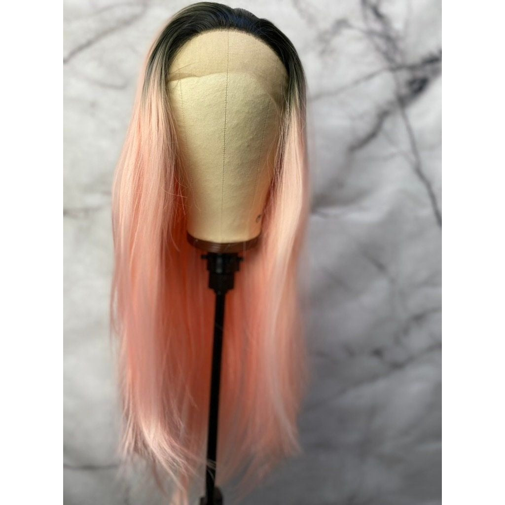 Black Root Pink Wig,Pastel Pink Wig,Long Wavy Hair Wigs,Rose Pink Wig,Cosplay Wig,Drag Queen Wig,Wigs Wig