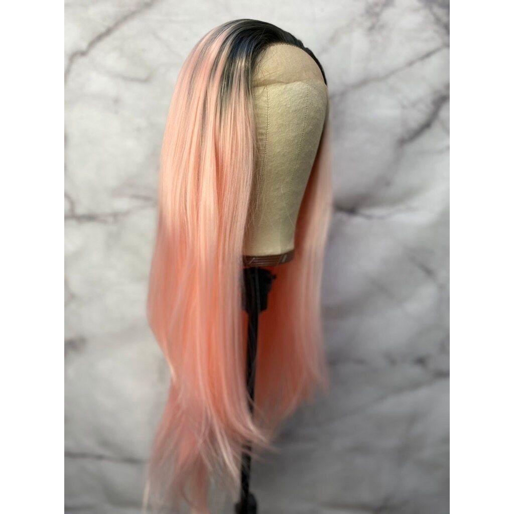 ,Black Root Pink Wig,Pastel Pink Wig,Long Wavy Hair Wigs,Rose Pink Wig,Cosplay Wig,Drag Queen Wig,Wigs Wig