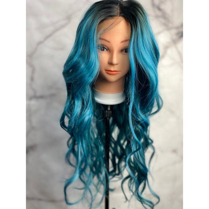 Teal Blue Wigs,Cosplay Wig,Blue Wig With Black Roots,Blue and Black Hair Wig,Costume Wig