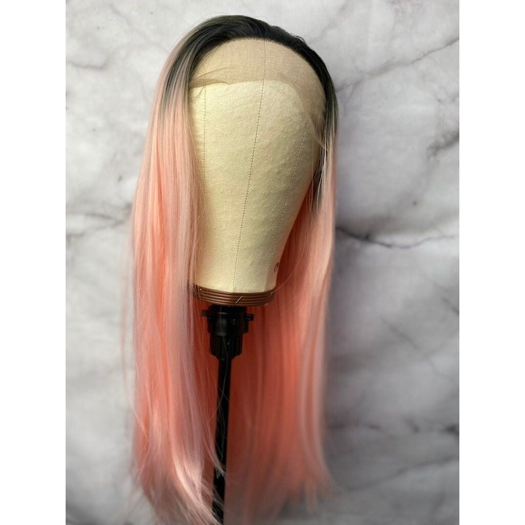 Black Root Pink Wig,Pastel Pink Wig,Long Wavy Hair Wigs,Rose Pink Wig,Cosplay Wig,Drag Queen Wig,Wigs Wig