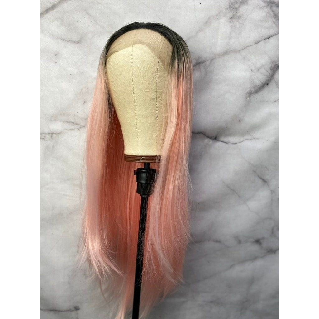 Black Root Pink Wig,Pastel Pink Wig,Long Wavy Hair Wigs,Rose Pink Wig,Cosplay Wig,Drag Queen Wig,Wigs Wig