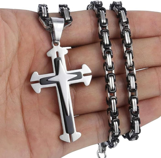 Black & Silver Cross Necklace For Men
