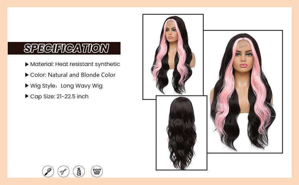 Long Black Pink Wavy Highlight Wig