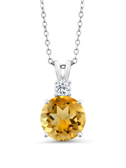 Solid 925 Sterling Silver Women's Pendant Necklace For Women|Yellow Citrine and White 